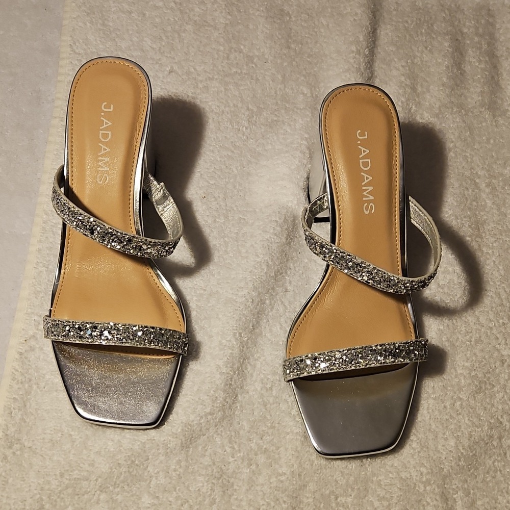 J. Adams Silver Glitter Strappy Block Heel Slip On Square Toe Synthetic Size 5.5